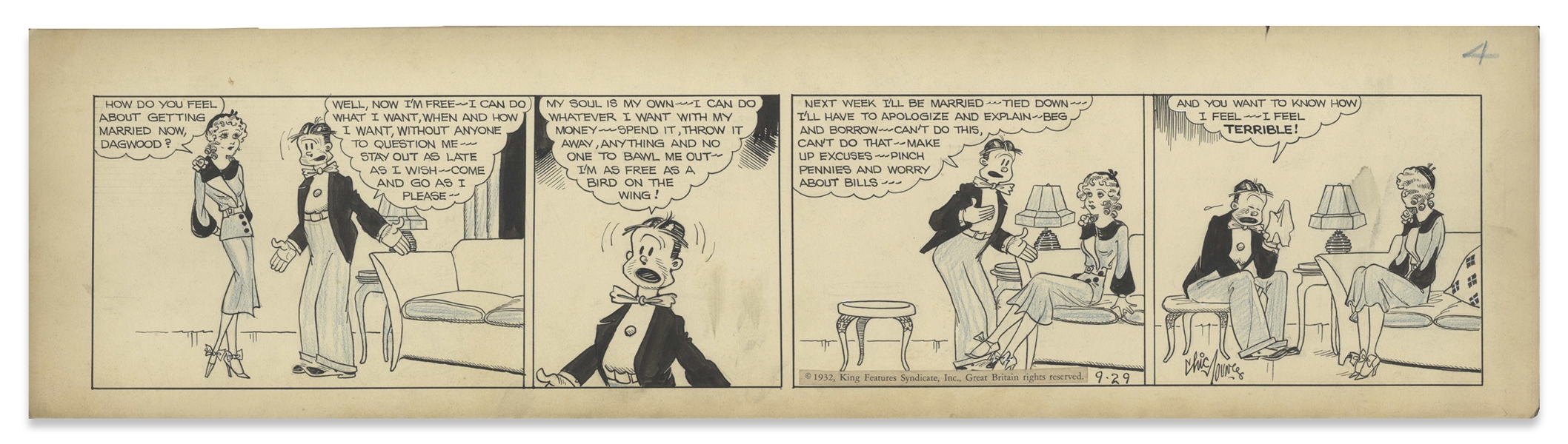 Chic Young Hand-Drawn ''Blondie'' Comic Strip From 1932 Titled ''A Happy Groom'' -- Dagwood Dreads Marriage to Elaine